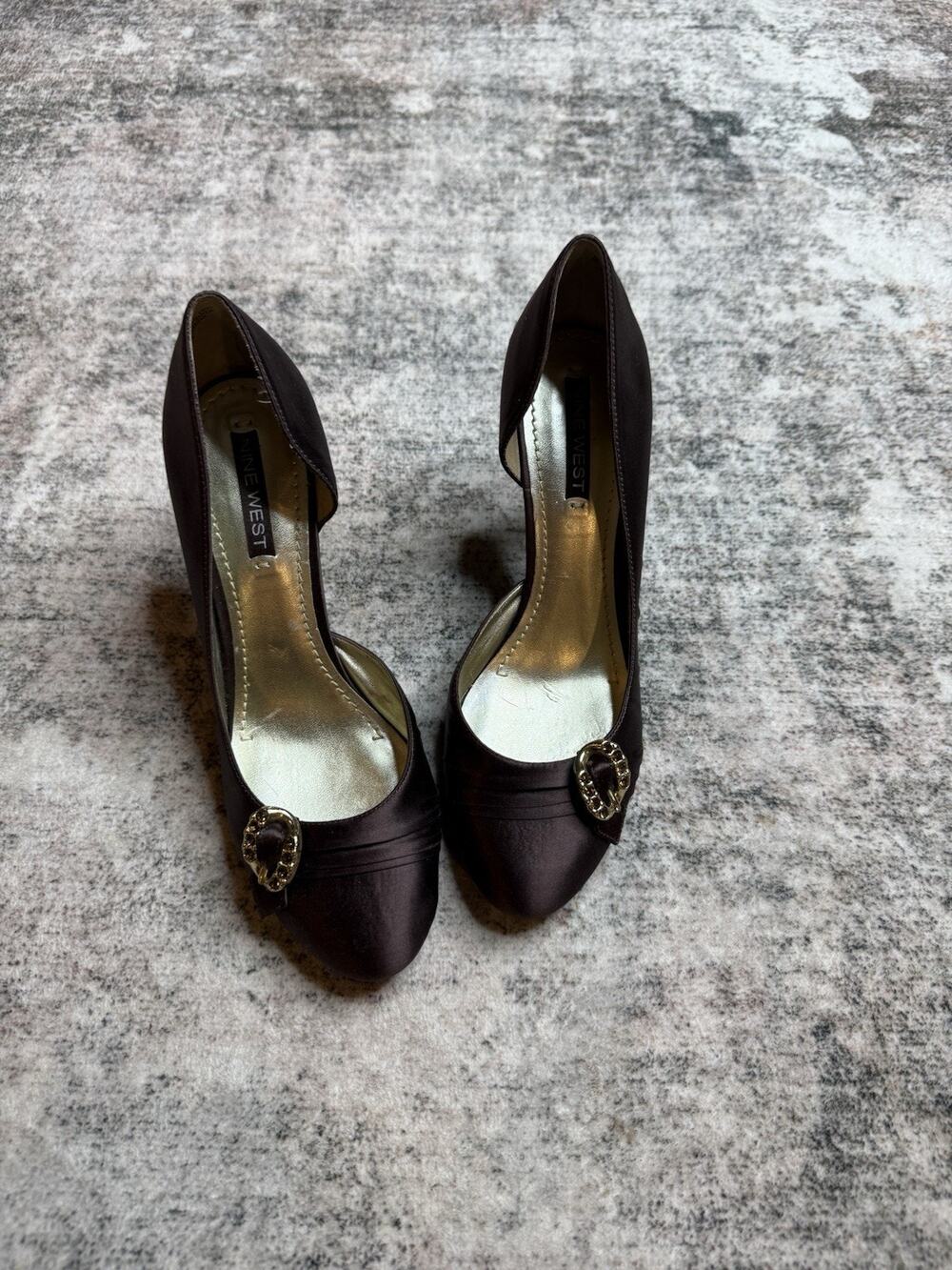 Nine West High Heels Sz 8 Satin Round Shoes Brown Party Wedding Prom Rhinestones